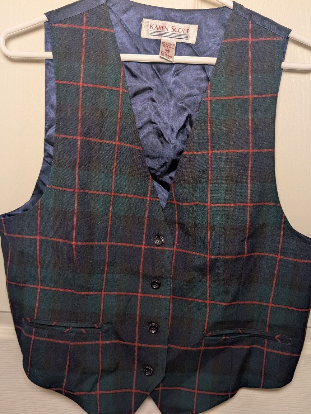 Vintage Karen Scott Plaid Green Navy & Red Plaid Vest Grandma Core 90's Medium